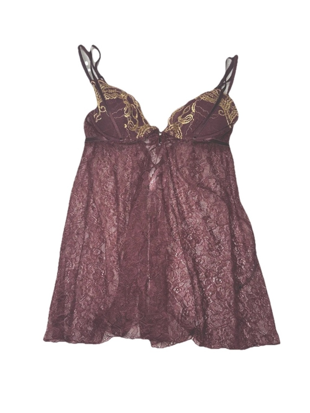 VICTORIAS SECRET 34B VINTAGE 2005 Burgundy Lace Babydoll Cami Chemise